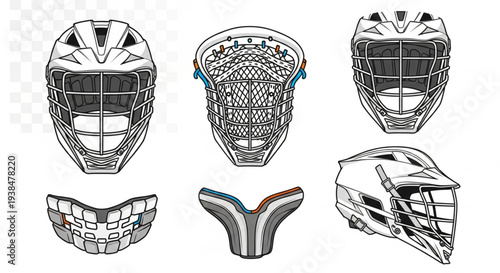 Collection of Lacrosse Goalie Helmets and Protective Gear.