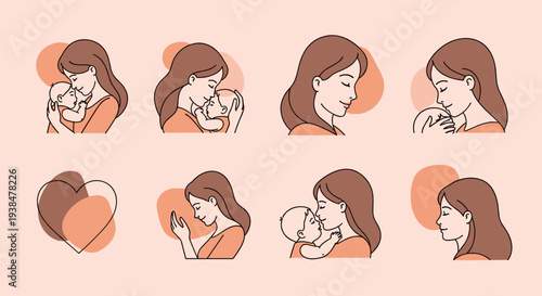 A collection of minimalistic illustrations showcasing maternal love and care through various expressions and actions