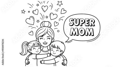 Super Mom Hugging Children, Family Love Heart Celebration, Black and White Drawing