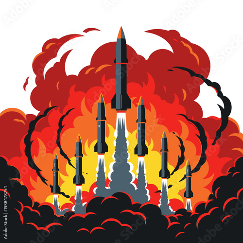 Balistic missile launch with multiple rockets in flight through dense smoke and flames illustration