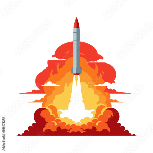 Balistic vector illustration of a rocket launching into the sky with explosive flames