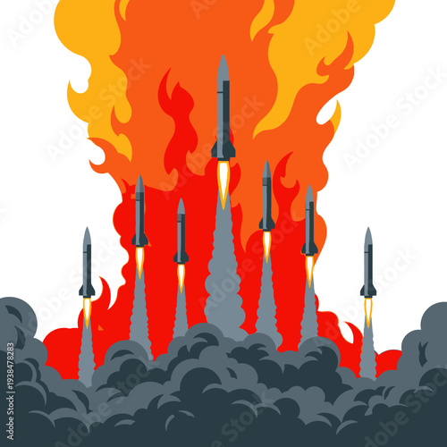 Balistic missiles launching from a smoke-filled environment in a dramatic vector illustration