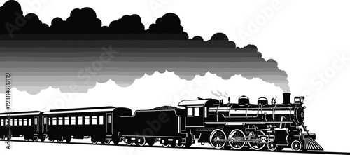 Steam locomotive silhouette, vintage train, passenger cars, railway icon, smoke plume, black illustration, transportation design, retro travel art, engine outline