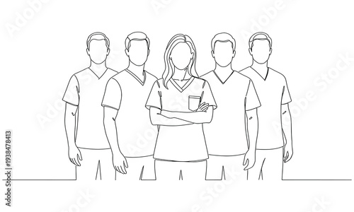 Continuous one line drawing of Group of medical staff. Medical healthcare service. Dynamic one line graphic design vector illustration