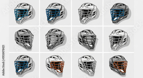 Collection of Lacrosse Goalie Helmets Displayed in Grid.