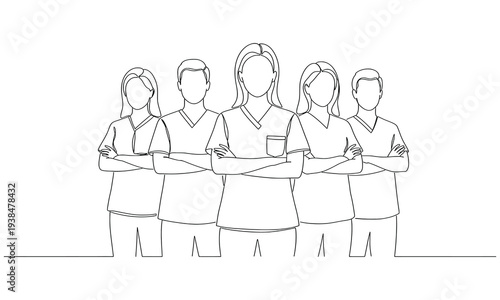 Continuous one line drawing of Group of medical staff. Medical healthcare service. Dynamic one line graphic design vector illustration