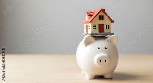 A small house model sits atop a piggy bank, symbolizing home ownership and savings