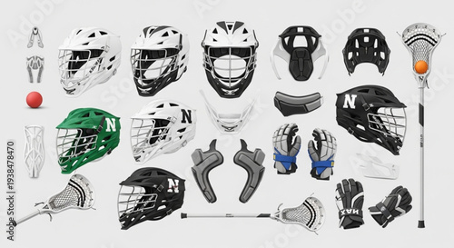 Collection of Lacrosse Gear and Equipment Displayed Together.
