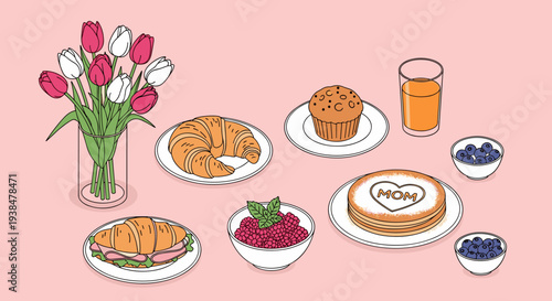 A delightful breakfast spread featuring pastries, fruits, and a cake with 'MOM' written, in a flat, modern style