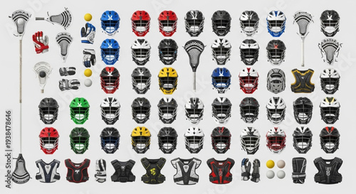 Collection of Lacrosse and Hockey Sports Equipment Displayed Together.