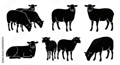 Black Sheep Silhouettes Collection: Diverse Poses of Farm Animals