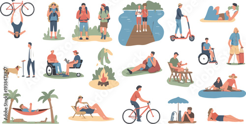 Big Vector Set of Summer Activities with People Swimming Surfing Cycling and Vacation Leisure Cartoon Characters Illustration