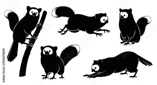 Black Silhouette Lemur Icons: Climbing, Running, Sitting, Stretching