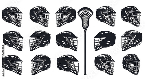 Collection of Lacrosse Helmets and Stick Illustration.