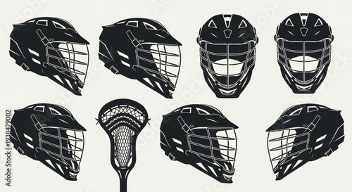 Collection of Lacrosse Helmets and Stick Illustrations.