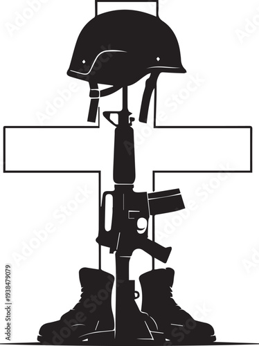 Fallen soldier memorial cross silhouette vector illustration, boots and helmet