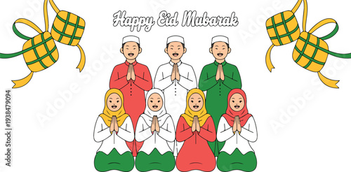 Happy Eid Mubarak Family Illustration with Muslim Men and Women Praying Together Traditional Clothing Ketupat Decorations Islamic Celebration Scene