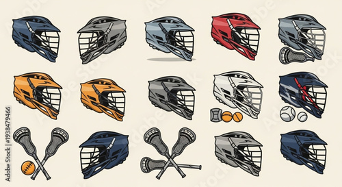 Collection of Lacrosse Helmets and Equipment.