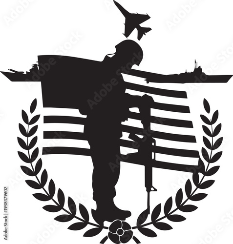 Military silhouette vector illustration of soldier, jet, ship and laurel wreath