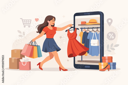 Happy Woman Shopping Online via Smartphone App, Picking a Red Dress from a Virtual Closet, E-commerce Concept with Shopping Bags, Delivery Boxes, and Fashion Retail Vector Illustration.