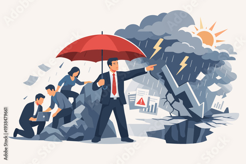 Visionary Business Leader Holding Red Umbrella to Protect Team from Financial Storm and Economic Crisis, Courageous Leadership Supporting Employees During Market Crash and Business Downturn.