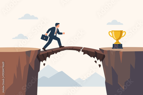 Ambitious Businessman Crossing a Fragile Breaking Bridge to Reach a Golden Trophy Cup, Concept of Taking Risks, Overcoming Challenges, and Determination for Success and Achievement in Career.