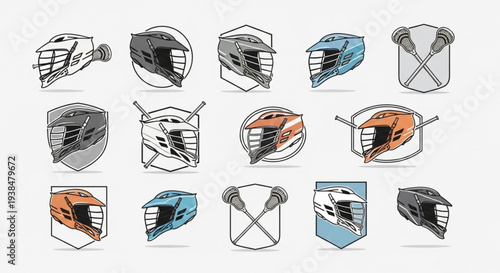 Collection of Lacrosse Helmets and Sticks in Various Designs.