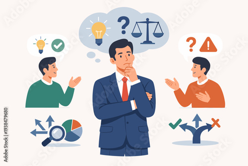 Businessman considering second opinions and expert advice for strategic decision making. Logical thinking, problem solving, and data analysis concept with thought bubbles, scales, and charts.