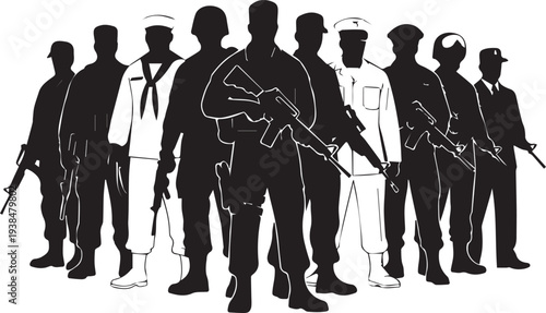 Silhouette illustration of military personnel standing with weapons vector art