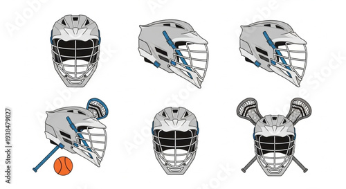 Collection of Lacrosse Helmets and Equipment Illustrations.