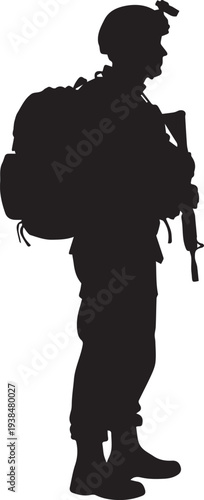 Silhouette vector illustration of soldier with backpack, army person line art