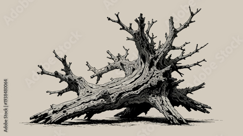 Dead tree branch, black illustration on beige background dry wood twigs