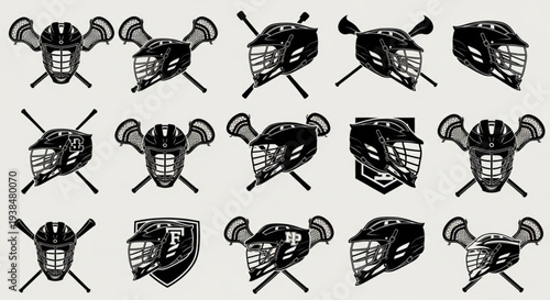Collection of Lacrosse Helmets and Crossed Sticks Vector Graphics.