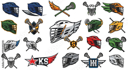 Collection of Lacrosse Helmets and Crossed Sticks Emblems.