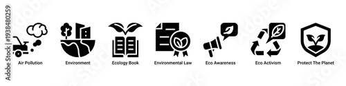 Air Protection web banner icon vector illustration featuring Air Pollution,Environment,Ecology Book,Environmental Law,Eco Awareness,Eco Activism,and Protect The Planet icons.