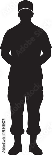 Soldier silhouette vector illustration military man standing arms behind back isolated white background