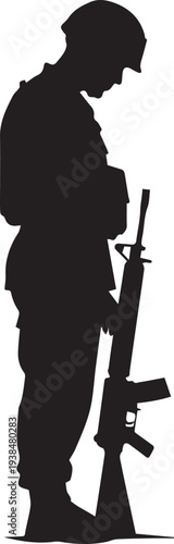 Soldier silhouette vector illustration military person with rifle head down isolated white background