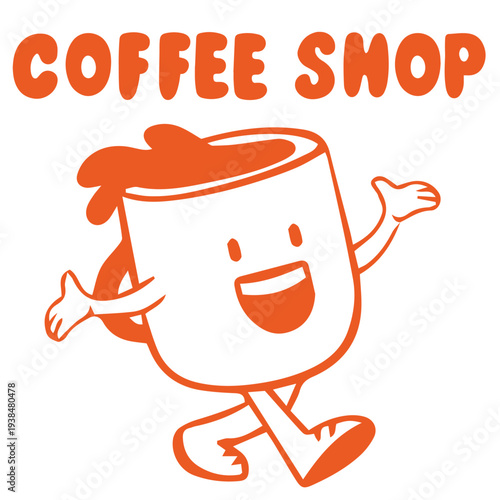 Coffee shop doodle illustration with happy coffee cup mascot character walking, orange hand drawn cafe doodle design
