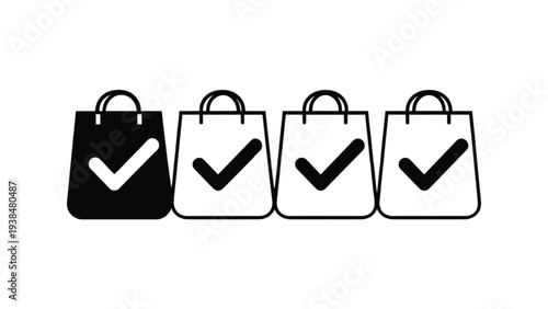 Four shopping bags with checkmarks on white background