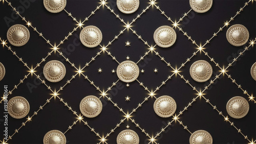 Gold stars and medallions pattern on dark background for luxury designs and decorations