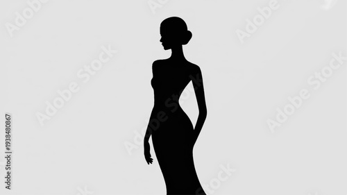Silhouette of a woman in a long dress standing confidently with one hand on her hip against a plain white background