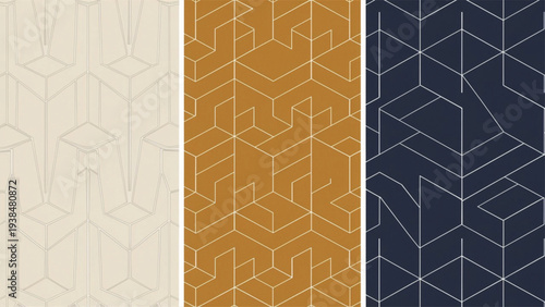 Geometric patterns with white lines on beige brown and dark blue backgrounds
