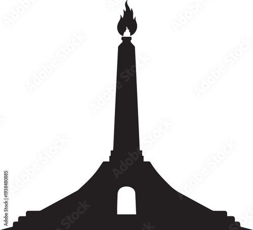 Vector illustration silhouette of obelisk monument with flame, historical landmark line art
