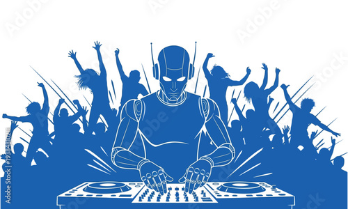 Robot DJ spinning tracks for energetic party crowd