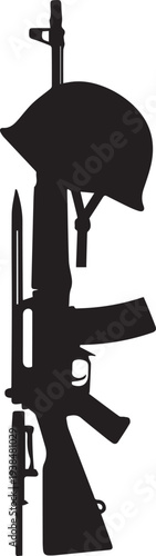 Vector illustration silhouette of rifle helmet and bayonet, fallen soldier memorial line art