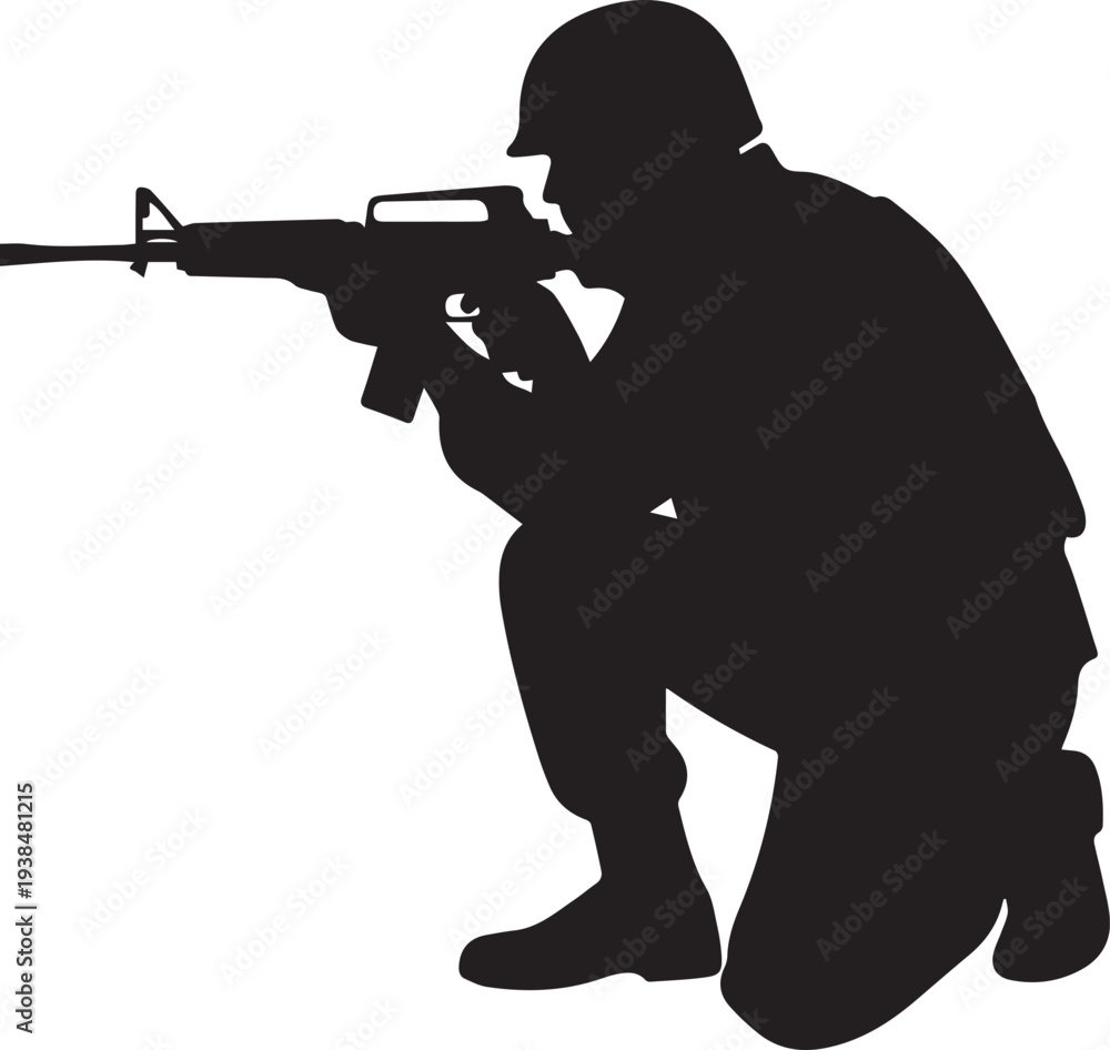 Fototapeta premium Vector silhouette illustration of soldier aiming rifle, line art crouching pose