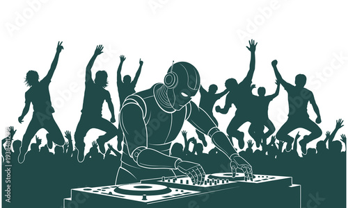 Robot DJ energizes vibrant party crowd with dynamic beats