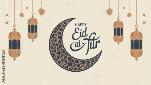 Eid al fitr celebration with crescent moon and hanging lanterns in islamic design festive atmosphere beige background decorative elements