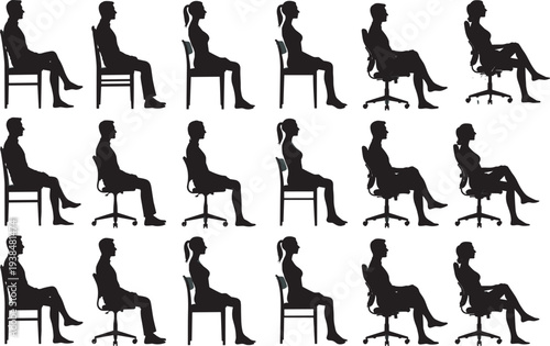Collection of black silhouettes of men and women sitting on various chairs in multiple postures, illustrating ergonomic seating positions, workplace design, and furniture style diversity for visual