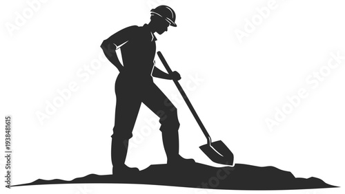 Construction Worker with Shovel Silhouette Vector – Male Laborer in Hard Hat Icon